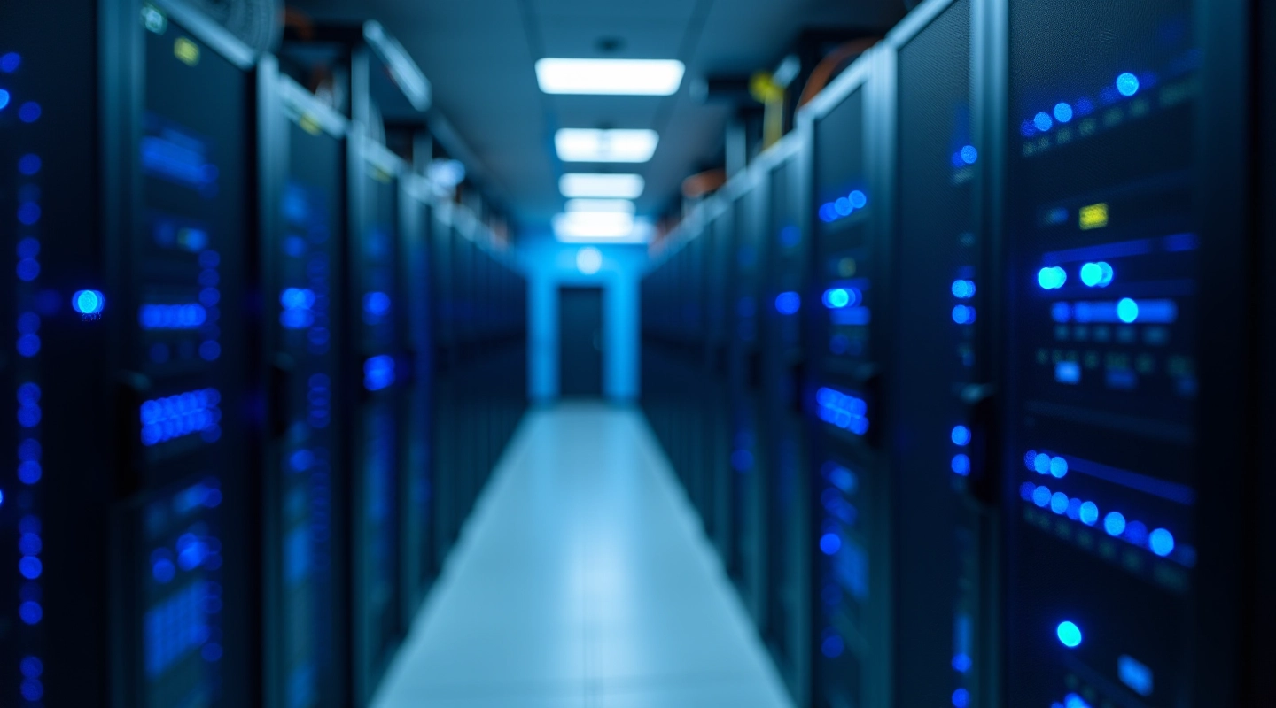 Data center with multiple server racks and networking equipment in secure facility
