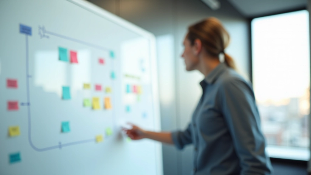 Person pointing at whiteboard with diagrams and flowcharts in collaborative workspace, discussing financial data privacy solutions