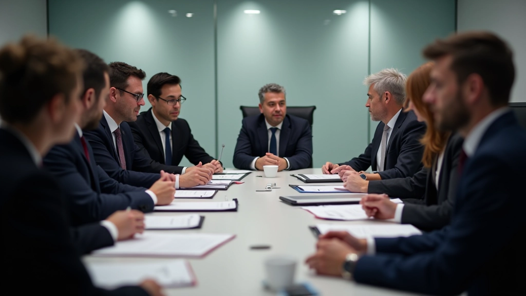 Governance committee meeting with institutional representatives reviewing policies and agreements