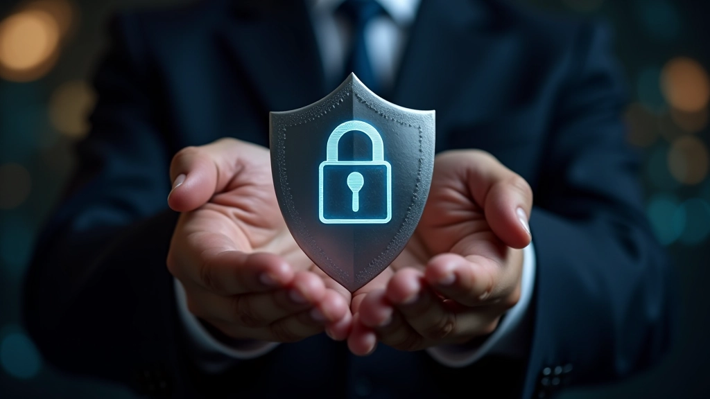 Hands holding a metallic shield with security symbol representing data protection and compliance