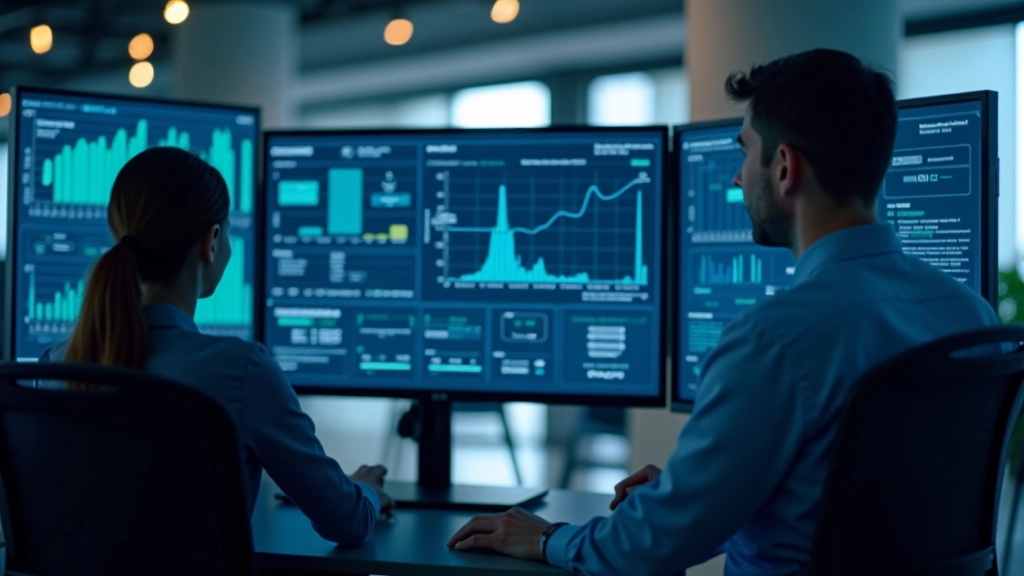 Multiple computer screens showing real-time monitoring dashboard for federated learning system metrics